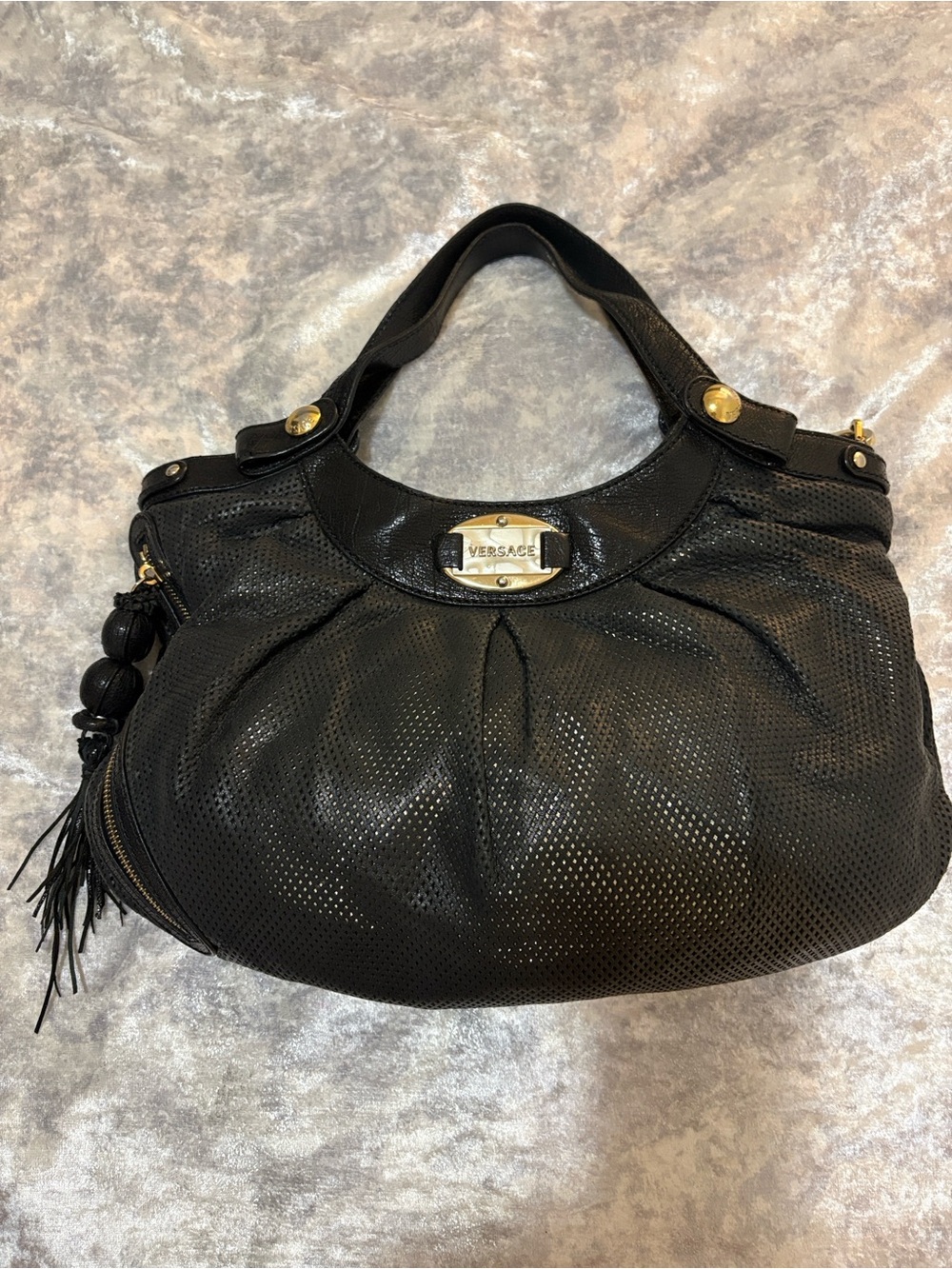 Versace Black Perforated Leather Shoulder Bag with Gold Plate